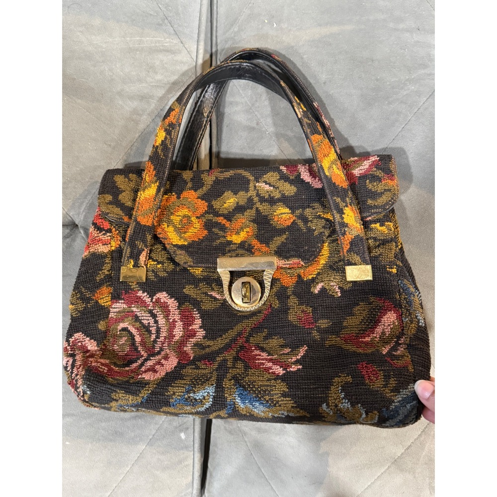 Vintage Floral Tapestry Satchel Handbag Gold Turn Lock Top Handle‎ Needlepoint